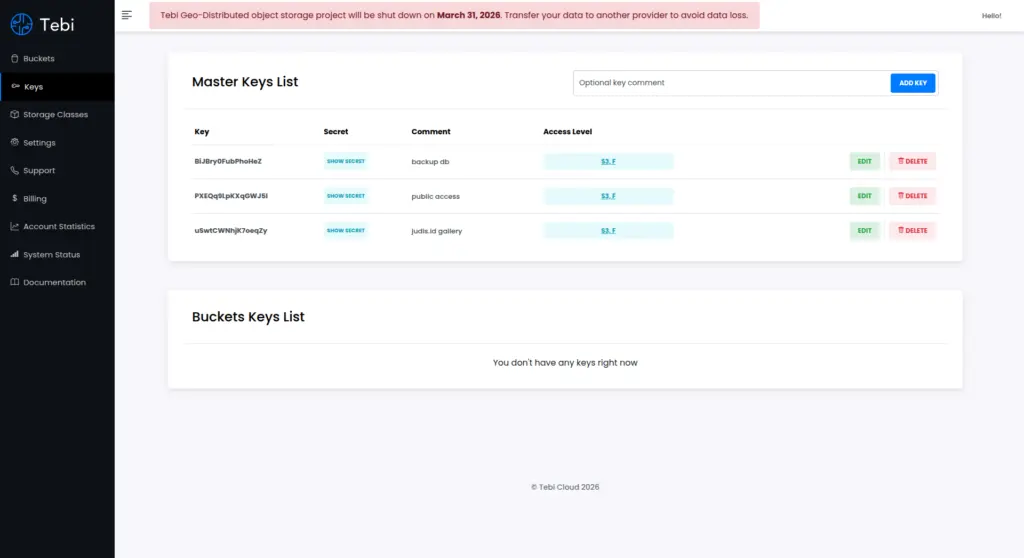 account keys – tebi cloud 01 20 2026 10 18 pm