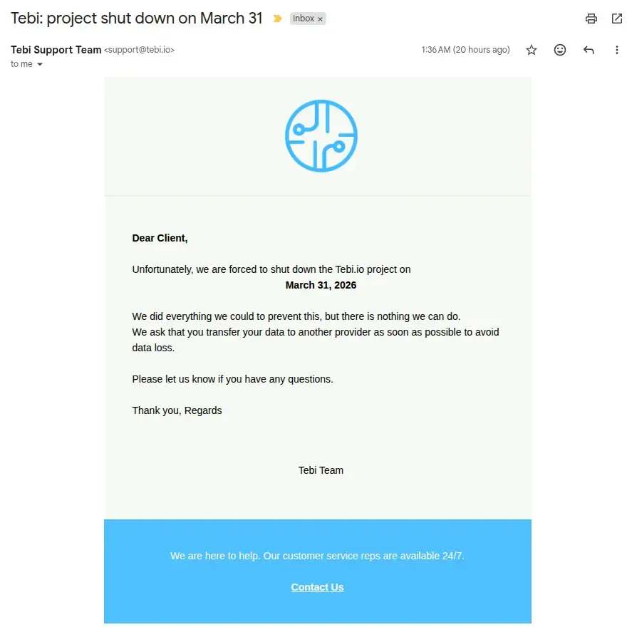 tebi project shut down on march 31