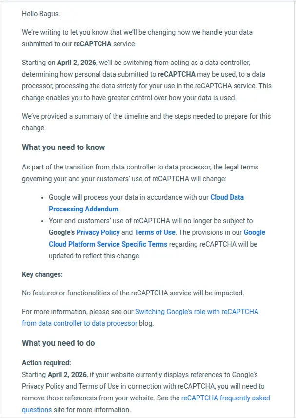 legal update google transitions to data processor for recaptcha starting apr 2 2026