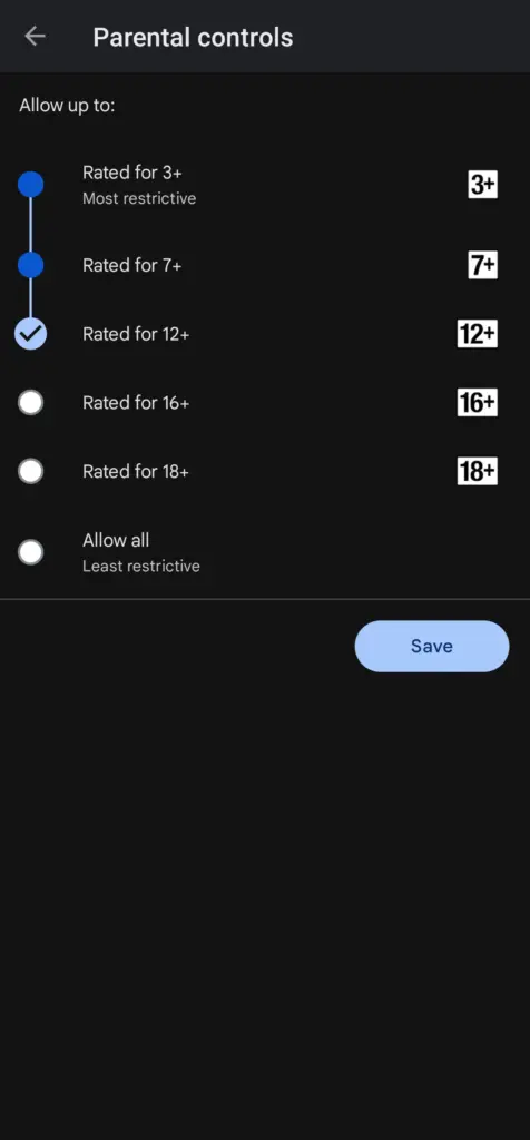 parental control rated settings google play store